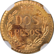 1945 Mo Mexico Gold 2 Peso Restrike NGC MS65 - STOCK picture