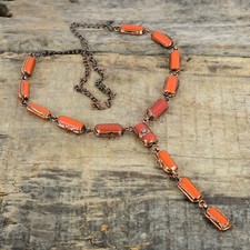 Red Coral Gemstone Turquoise Copper Sister Chain Electroformed Necklace Jewelry picture