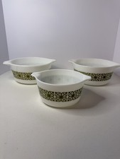3 Vintage Pyrex Verde Square Flowers Cinderella Bowls 473 474 Green Stamp Lot picture