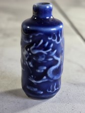 Vintage Chinese Cobalt Blue Glaze Molded Relief Dragon Porcelain Snuff Bottle picture
