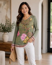 Leonard Fashion Women’s Green Pink Floral Tunic Top US 10 FR44 Silk And Wool picture