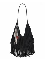 Madden NYC Black Fringe Shoulder Bag Purse w/ Heart ,Pearls Charms Inner Pockets picture