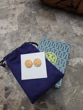 Tory Burch Round Logo Stud Earrings Gold Tone Tan Screw Back Signed picture