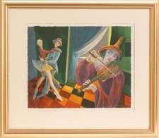 Color Lithograph of Dancers and clown musician by Polish artist M. Kossakowska picture