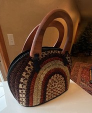 Vintage Handwoven Rattan Rainbow Wooden Handle Zipper Handbag picture