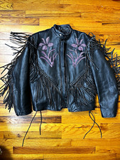 Unik Black Leather Biker Jacket Fringe Embroidered Lined Zip Size M picture