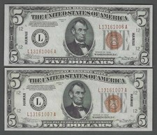 SCARCE CONSECUTIVE PAIR 1934 $5 UNC HAWAII WWII Emergency Issue FRNs picture