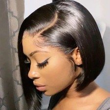 Women’s Short Straight Black Synthetic Bob Wig – Middle or Side Part picture