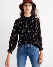 Madewell Black Floral Print Smocked Neck Sheer Long Sleeve Blouse Shirt Size M picture