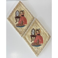 Vintage Chalkware Wall Plaques | Set of 2 | Woman Pink Dress Dog Mirror Diamond picture