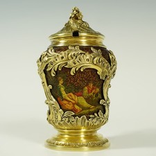 Antique French Sterling Silver Mustard Pot, Enamel on Copper, Gilt Vermeil picture