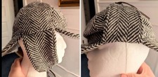 CLEO Ireland Wool Black/Ivory Sherlock Holmes Deer Stalker Ear Flap Hat LRG Vtg picture