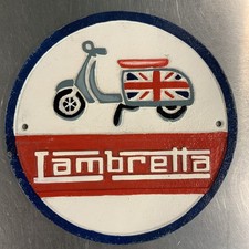 Vintage Lambretta Scooter Cast Iron Sign Featuring Union Jack 9.5x9.5in Round picture