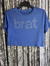 SheIn Blue Knit Rhinestone Brat Cropped T-Shirt Short Sleeve Pullover XL picture