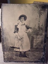 Antique Victorian Tintype Woman Bonnet Palm Tree Backdrop Wire Chair 1880s picture