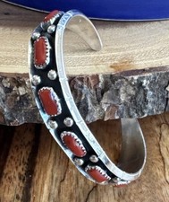 Beautiful Reed Charley Navajo Coral Cuff, Sterling, 6.5 picture
