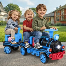 Large 2-Seater Blue 12V Battery Kids Ride On Train w/Carriage,2Speed,Music,Light picture