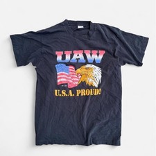 Vintage Fruit of the Loom UAW USA Eagle Graphic Tee Black Distressed 90s Y2K L picture