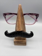 VTG MCM Handcarved Wooden Eyeglasses Spectacles Holder Nose Stand w/ Mustache picture