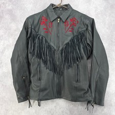 VTG UNIK International Women Leather Fringe Motorcycle Jacket Rose Inlay Medium picture
