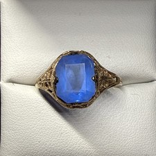 Antique C&C 1920s Jewelry 1/30 14k RGP Filagree Ring Blue Topaz Art Deco Sz 13.5 picture