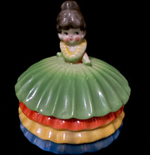 Vintage 1940’s-60 Ceramic Girl Figurine Trinket Box with Lid, Multicolor Dress picture