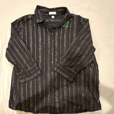 Rebecca Malone Black Silver Striped Sequin Button-Up Collared Blouse XL picture