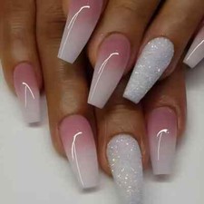 24 Pcs Glossy Long Coffin Press On Nails Gradient Pinkish And White French Style picture