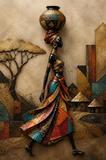Hand Painted African Woman Portrait Black Gold Colorful Canvas Wall Art picture