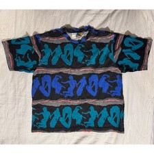 Vintage LA Gear 90s Skateboard All Over Print T-Shirt Black Blue Teal Large picture