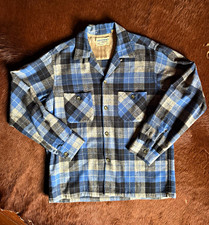 Men’s Vintage 1950s Flannel Blue Button up Shirt Jacket Plaid picture