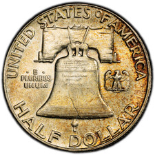 1956-P PCGS MS63 FBL Franklin Half Dollar w/ Attractive Colorful Rim Toning picture
