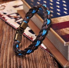 NEW Surfer Handmade Hemp&Leather Braided Mens Wristband Bracelet Cuff with Clasp picture