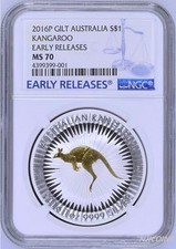 2016 P Australia GILDED Silver Kangaroo NGC MS 70 1 oz Coin w/OGP gilt ER LABEL picture