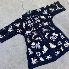 Antique Chinese Robe Qing Dynasty Blue Silk Embroidery Moths Florals Vintage picture