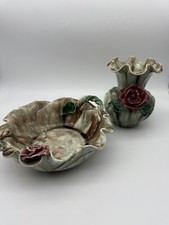 Vintage Handcrafted Studio Artist Art Pottery Vase & Basket Rose Embellishment picture
