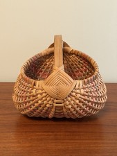 Vtg ‘87 Hand Woven Splint Striped Buttocks Egg Basket Signed Muehling Lititz PA picture