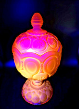 Vtg Kanawha Moon and Stars Amber Satin Glass Candy Compote Glows Fiery Pink HTF picture