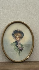 Antique Original Watercolor Edwardian Lady Oval Frame 11”x8.5” Signed 1907 picture