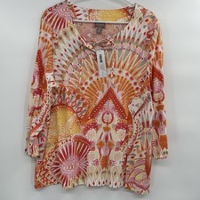 Chicos Womens Fenciful Watercolor 3/4 Sleeve Top Sz XL Resort Artsy Boho Coastal picture