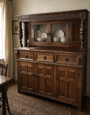 Antique Oak Jacobean Revival Carved Buffet & China Cabinet picture