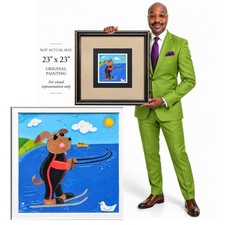 Original Dog Water Skiing Painting 23x23 Framed Whimsical Folk Art Artwork picture