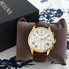 Bulova Classic Wilton White Dial Brown Leather Men's Quartz Watch 46.5mm(97B169) picture