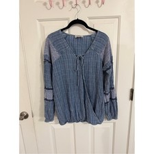 Knox Rose L Light Blue Tie Neck Peasant Tunic Boho Textured Blouse picture