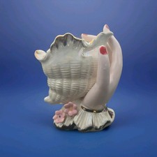 Vintage 5.5” Hand Vase Holding Shell Iridescent Pink Floral Trinket Dish Gold picture