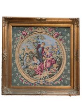 Antique framed tapestry French social scene gathering rococo NO GLASS  picture