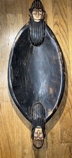 African Folk Art Wooden Tray Monkey Handles Hand Crafted Ghana 21