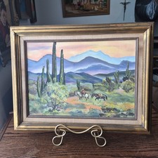 Vtg Desert Framed Landscape Painting Signed Original Saguero Cacti 10 x 14 horse picture