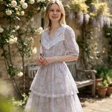 Gunne Sax Vintage 1970s Floral Lace Collar Dress Pastel Lavender Prairie Midi picture