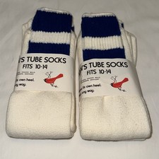 Deadstock Vtg Men’s 4 Pr Cushion TUBE SOCKS Mid Calf 10-14 Lg Striped WHITE BLUE picture